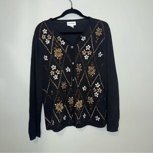 Alfred Dunner Cardigan Sweater Black Floral Embroidered Knit Button Front Size M